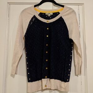 Navy and cream lace cardigan with gold accents